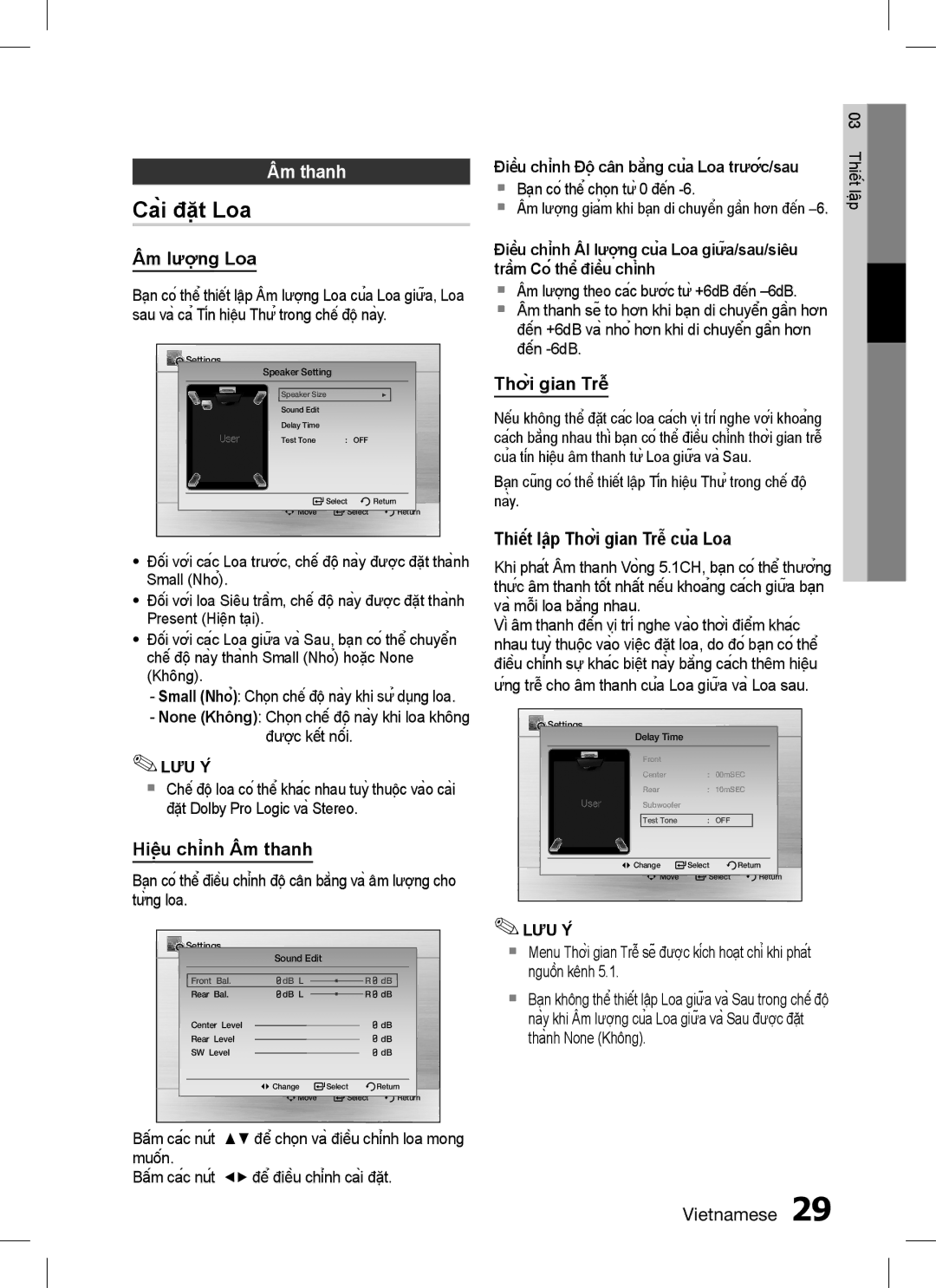 Samsung HT-C555/XSS, HT-C655W/XSS manual Cài đặt Loa, Âm thanh 