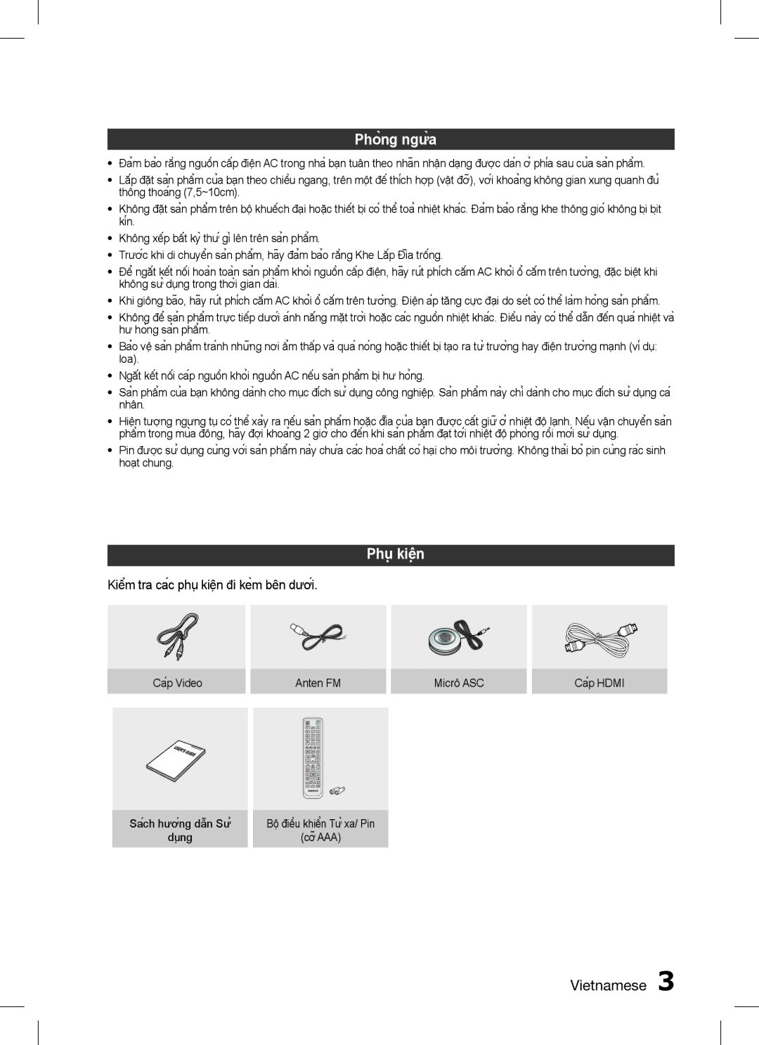 Samsung HT-C555/XSS, HT-C655W/XSS manual Phòng ngừa, Phụ kiện, Kiểm tra các phụ kiện đi kèm bên dưới 