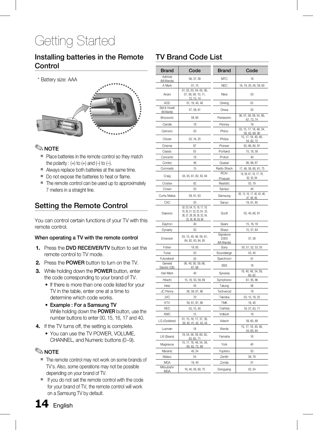 Samsung HT-C655W/XSS manual Setting the Remote Control, Battery size AAA, If the TV turns off, the setting is complete 