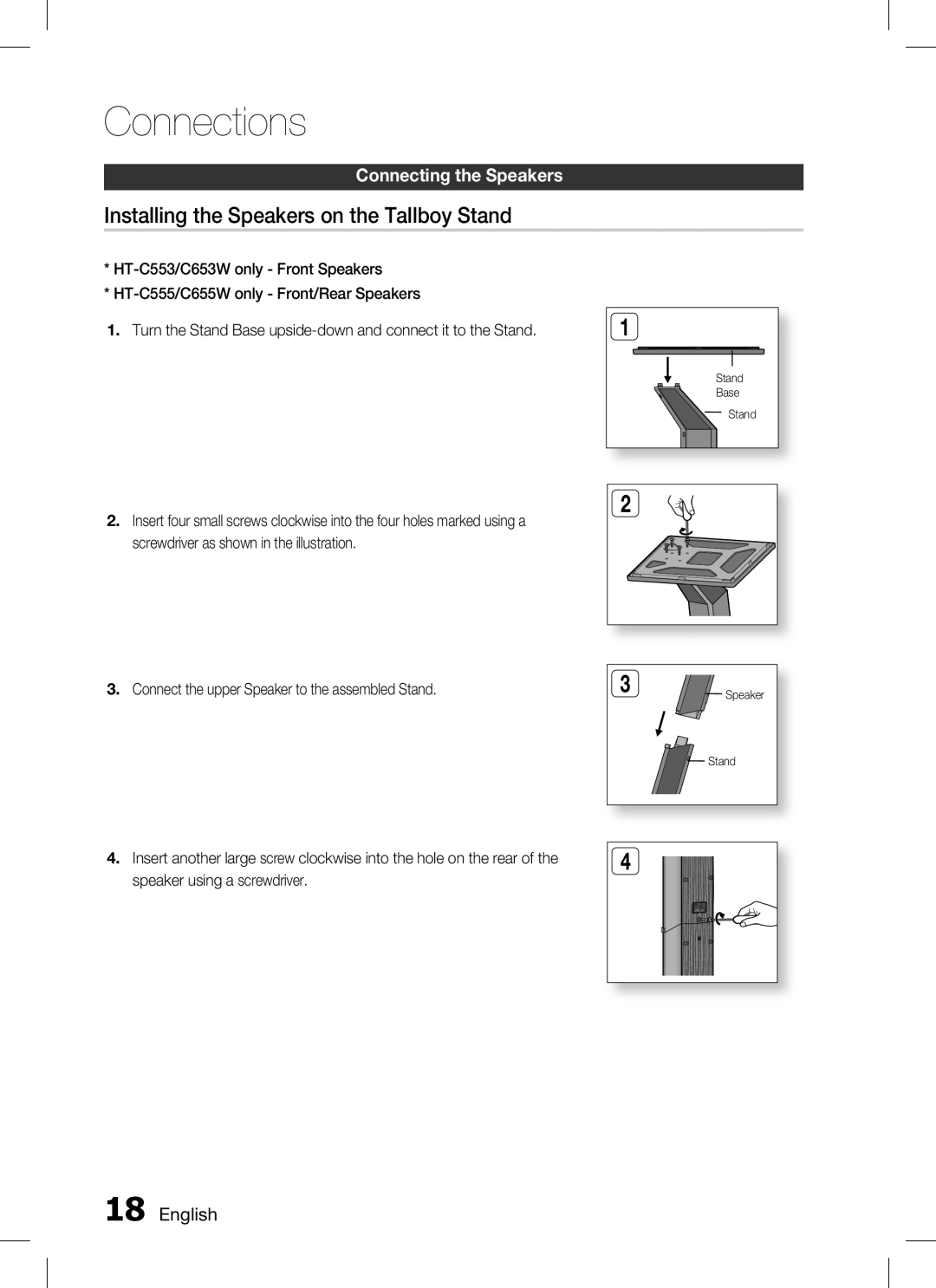 Samsung HT-C655W/XSS manual Installing the Speakers on the Tallboy Stand, Connect the upper Speaker to the assembled Stand 