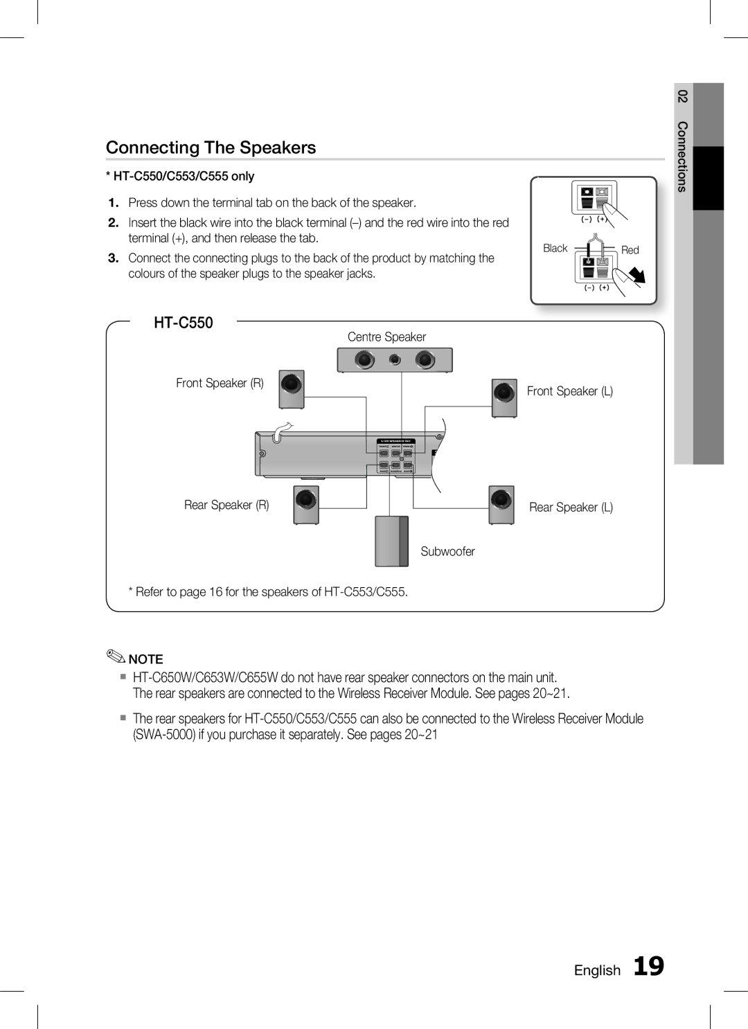 Samsung HT-C555/XSS Connecting The Speakers, HT-C550, Terminal +, and then release the tab, Centre Speaker Front Speaker R 