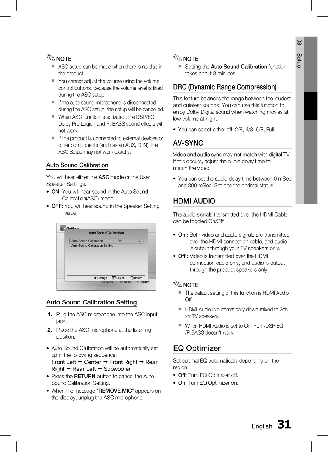 Samsung HT-C555/XSS, HT-C655W/XSS manual EQ Optimizer, Auto Sound Calibration Setting 