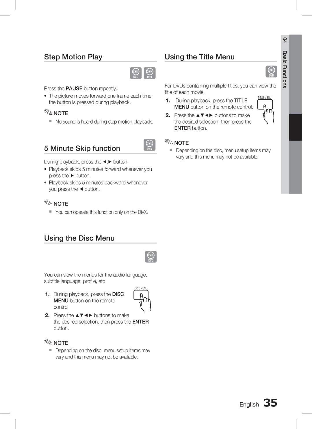 Samsung HT-C555/XSS, HT-C655W/XSS manual Step Motion Play, Minute Skip function, Using the Title Menu, Using the Disc Menu 