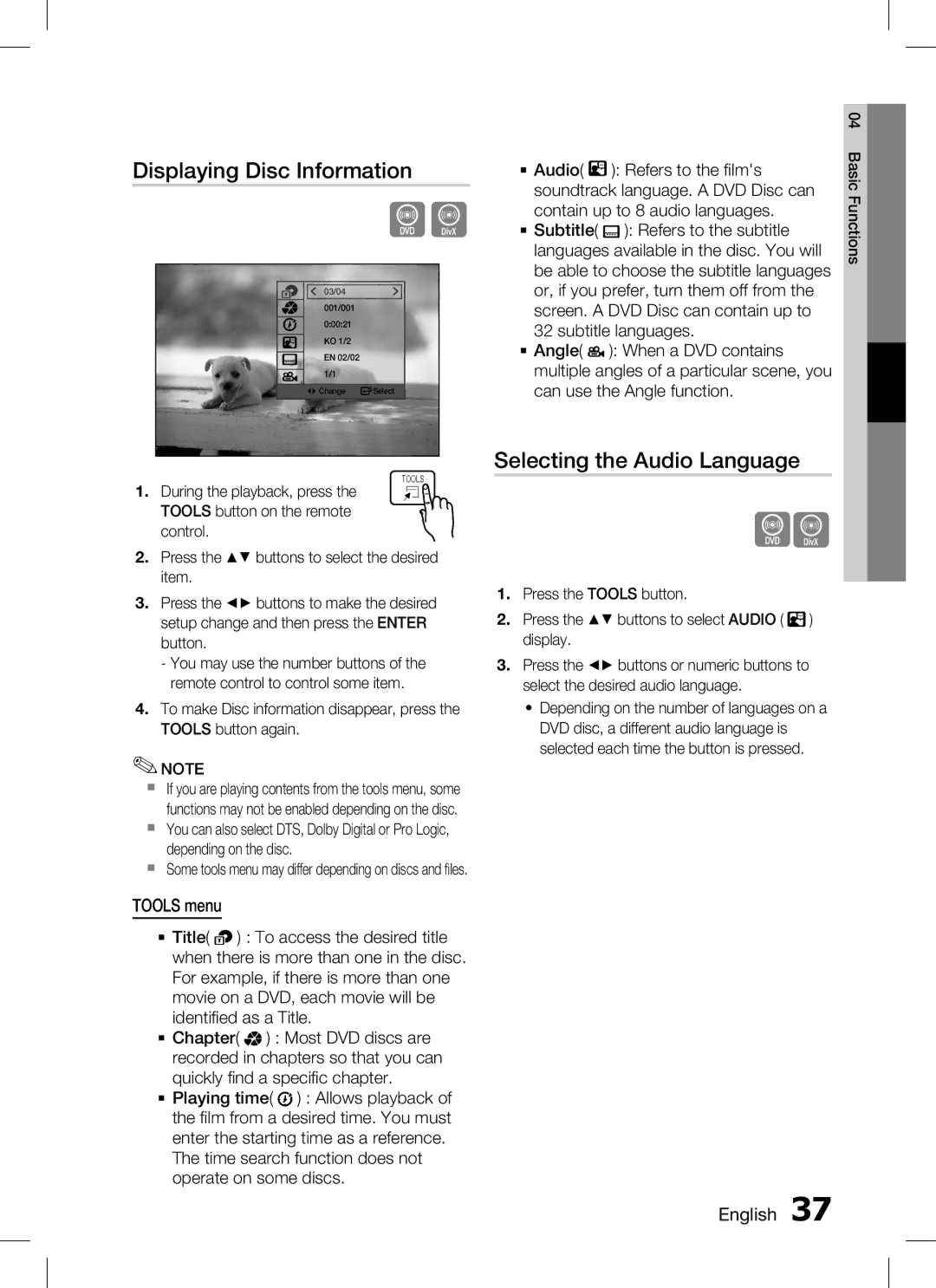 Samsung HT-C555/XSS, HT-C655W/XSS manual Displaying Disc Information, Selecting the Audio Language, Tools menu 