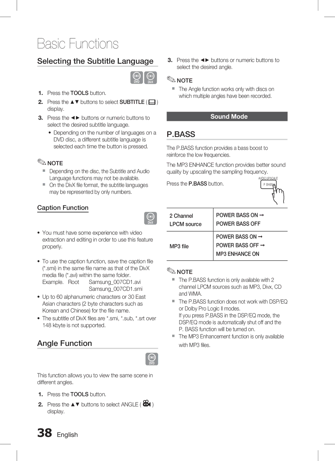 Samsung HT-C655W/XSS, HT-C555/XSS manual Selecting the Subtitle Language, Angle Function, Caption Function, Sound Mode 