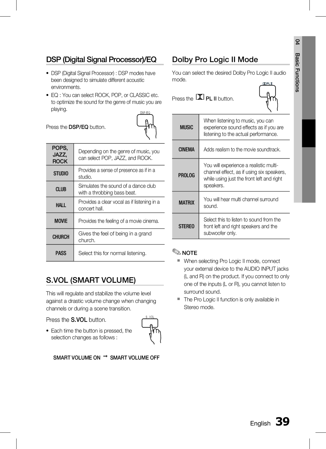 Samsung HT-C555/XSS DSP Digital Signal Processor/EQ, Vol smart volume, Dolby Pro Logic II Mode, Press the S.VOL button 