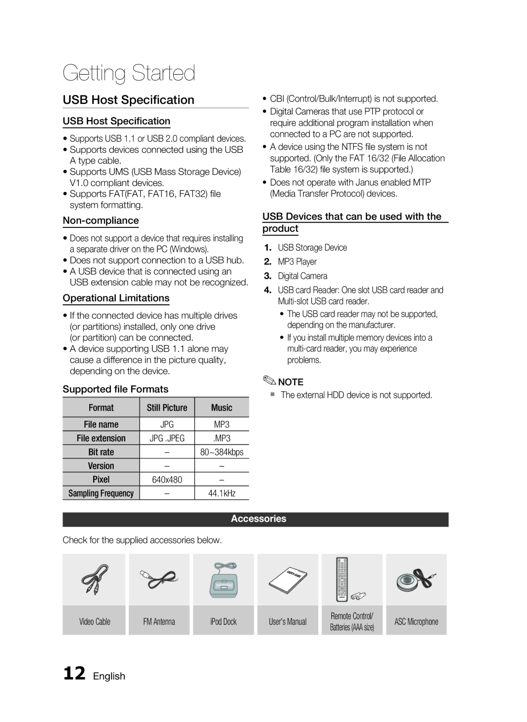 Samsung HT-C6730W/EDC, HT-C6730W/XEF, HT-C6730W/XAA manual USB Host Speciﬁcation, Accessories 