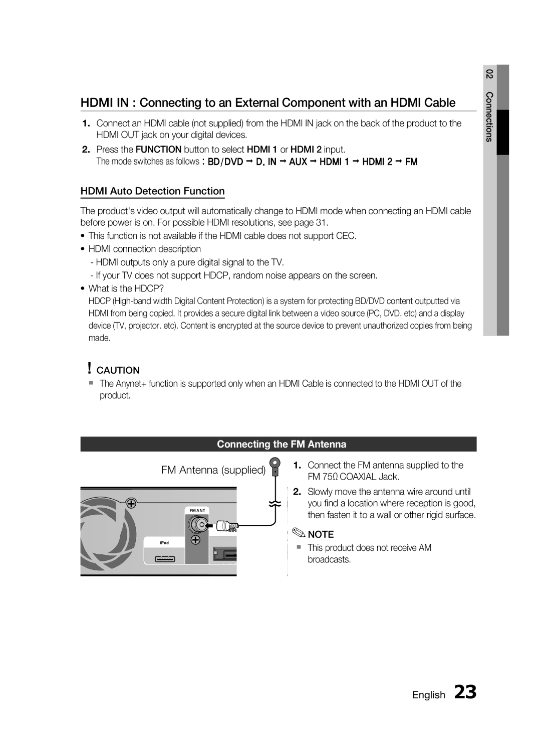 Samsung HT-C6730W/XAA, HT-C6730W/EDC, HT-C6730W/XEF manual Hdmi Auto Detection Function, Connecting the FM Antenna 