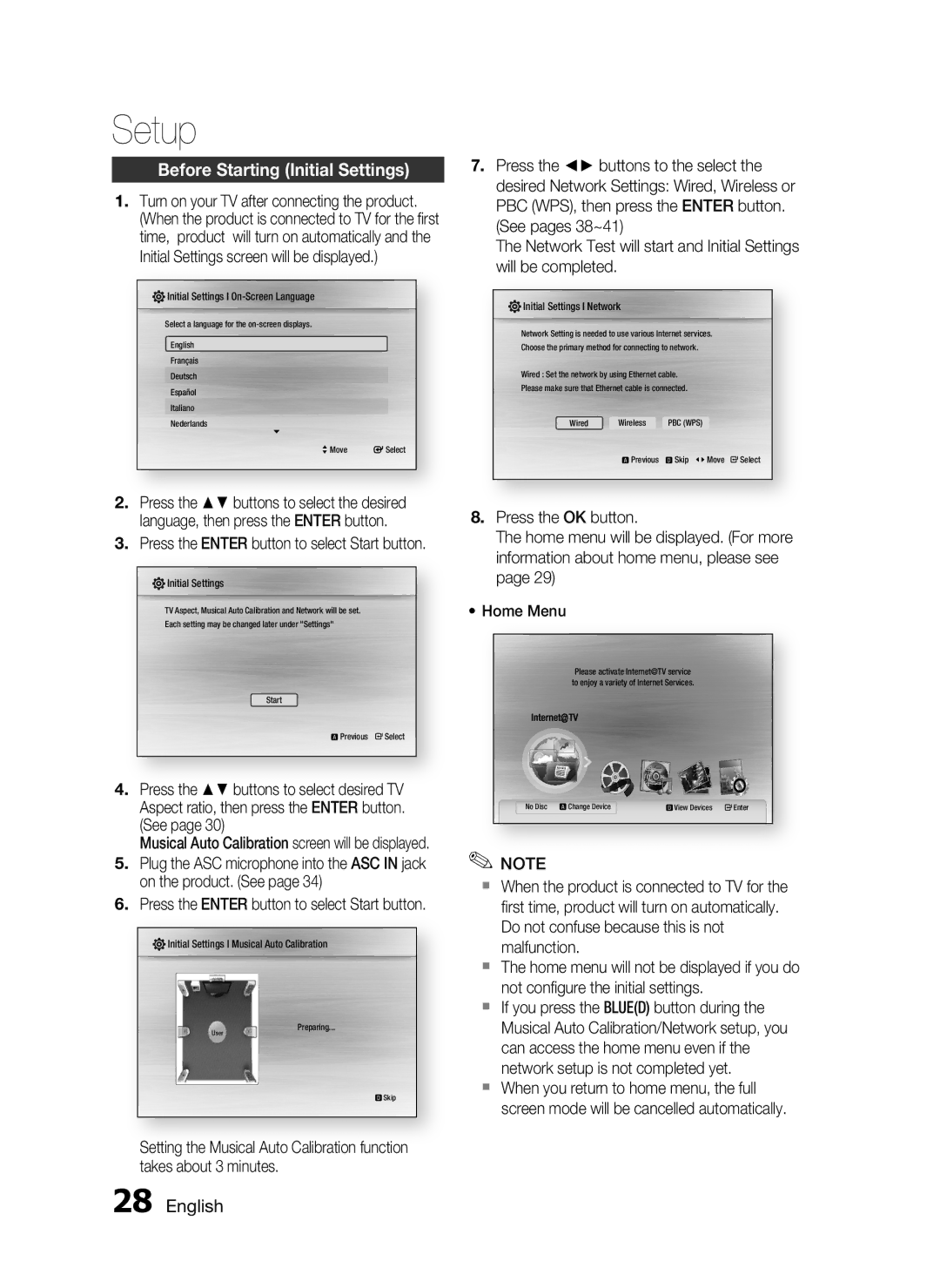 Samsung HT-C6730W/XEF manual Setup, Before Starting Initial Settings, Press the Enter button to select Start button 