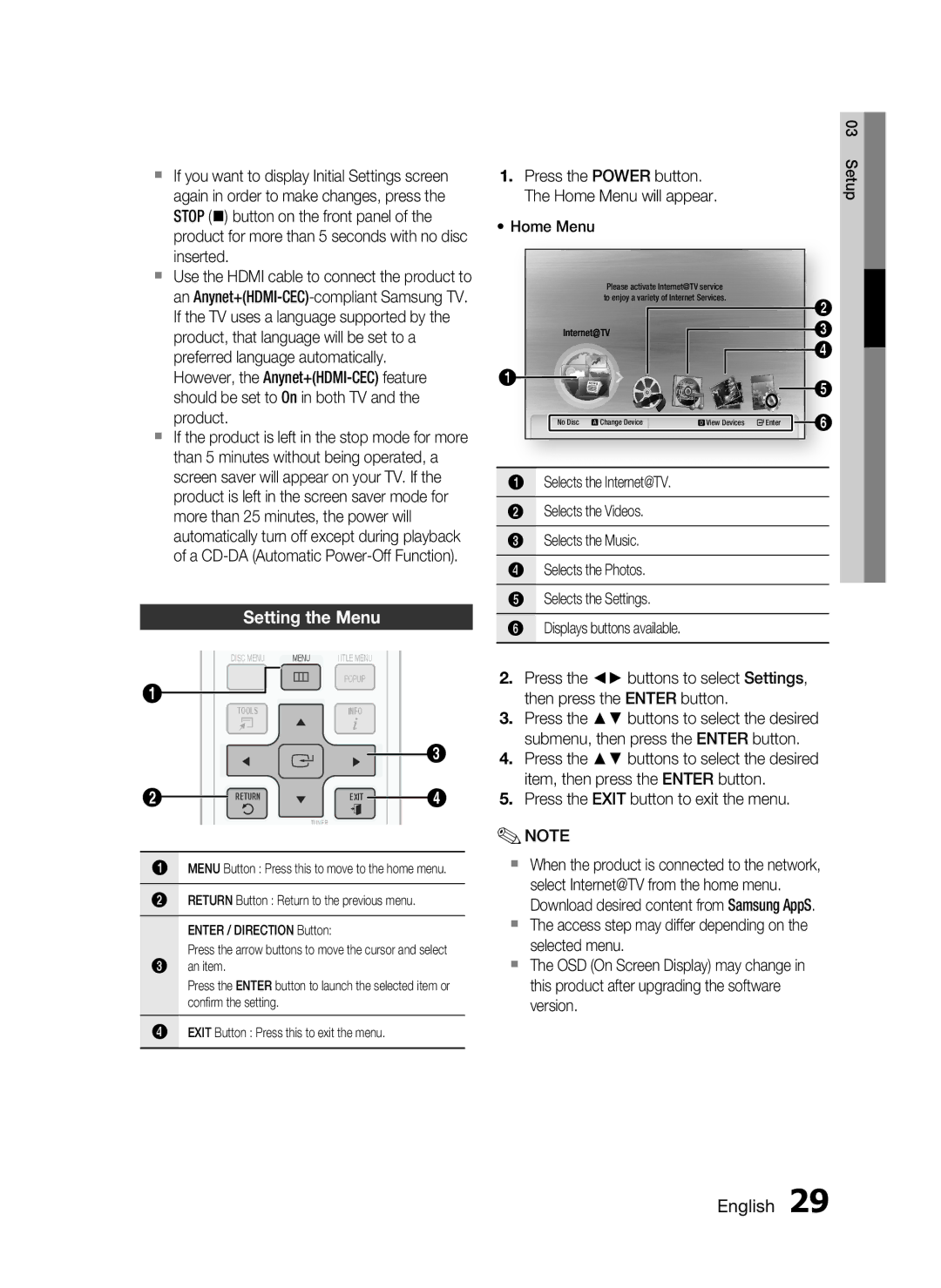 Samsung HT-C6730W/XAA, HT-C6730W/EDC, HT-C6730W/XEF manual Setting the Menu 