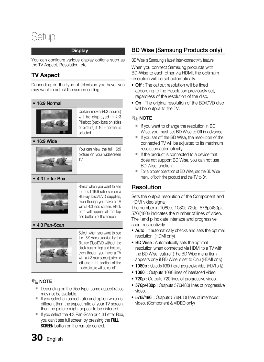 Samsung HT-C6730W/EDC, HT-C6730W/XEF, HT-C6730W/XAA manual BD Wise Samsung Products only, Resolution, Display, Pan-Scan 