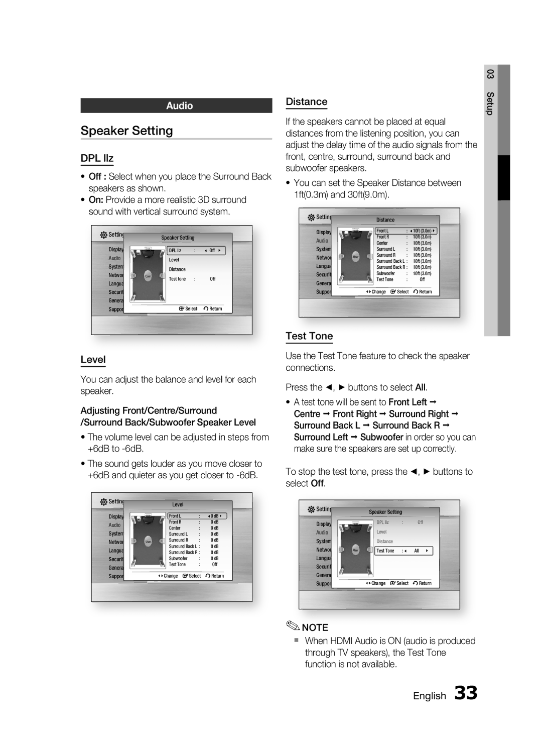 Samsung HT-C6730W/EDC, HT-C6730W/XEF, HT-C6730W/XAA manual Speaker Setting, Audio 