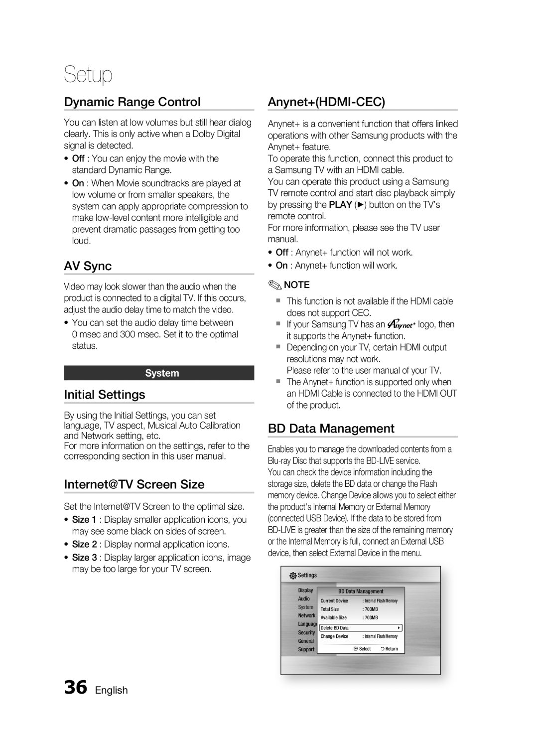 Samsung HT-C6730W/EDC manual Dynamic Range Control, AV Sync, Initial Settings, Internet@TV Screen Size, Anynet+HDMI-CEC 