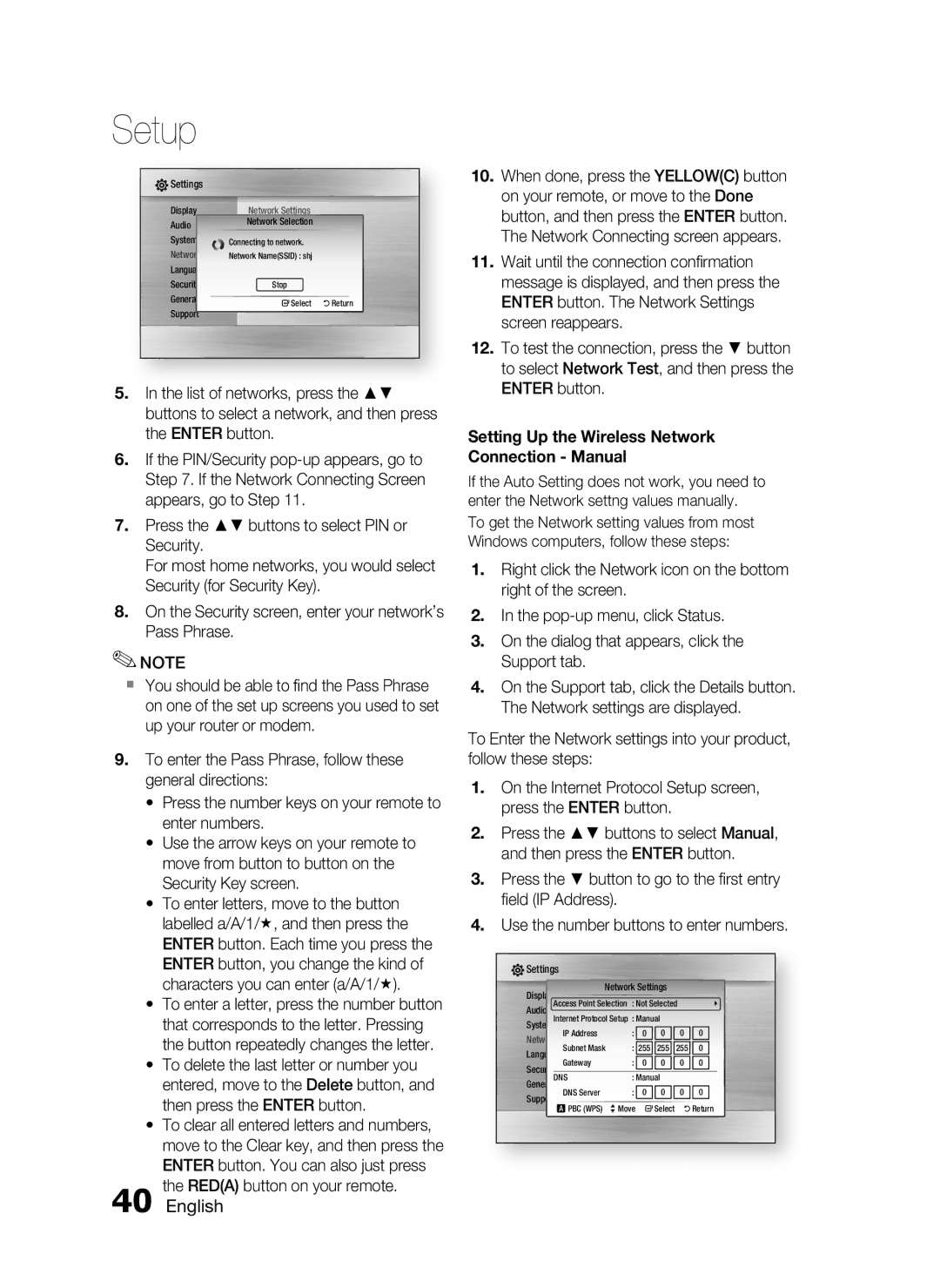 Samsung HT-C6730W/XEF, HT-C6730W/EDC, HT-C6730W/XAA manual Setting Up the Wireless Network Connection Manual 