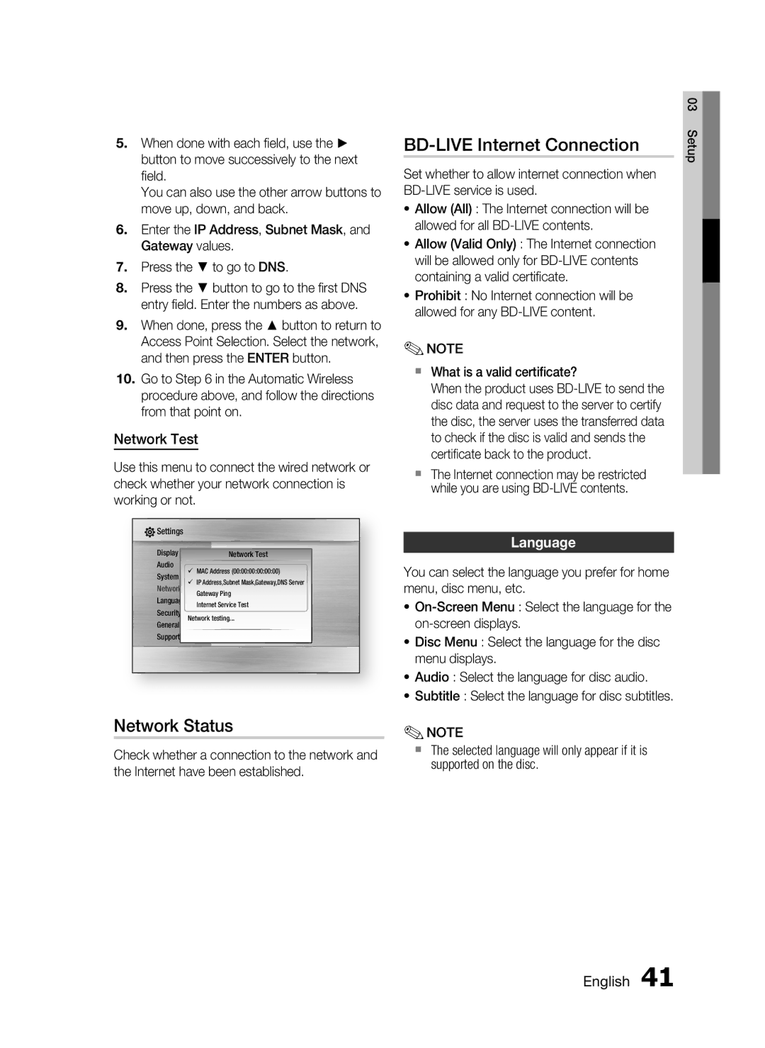 Samsung HT-C6730W/XAA, HT-C6730W/EDC, HT-C6730W/XEF BD-LIVE Internet Connection, Network Status, Network Test, Language 