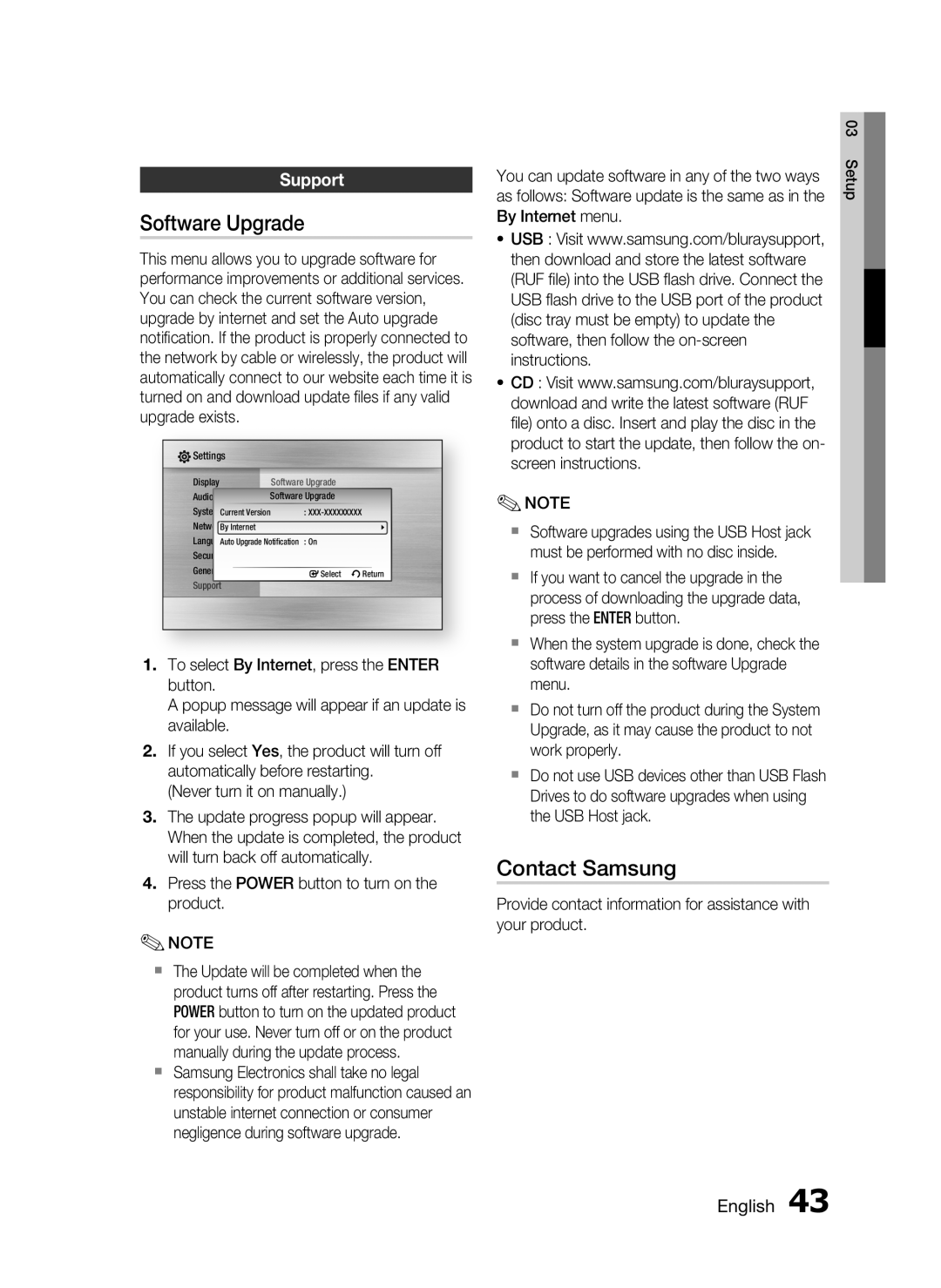 Samsung HT-C6730W/XEF, HT-C6730W/EDC, HT-C6730W/XAA manual Software Upgrade, Contact Samsung, Support 