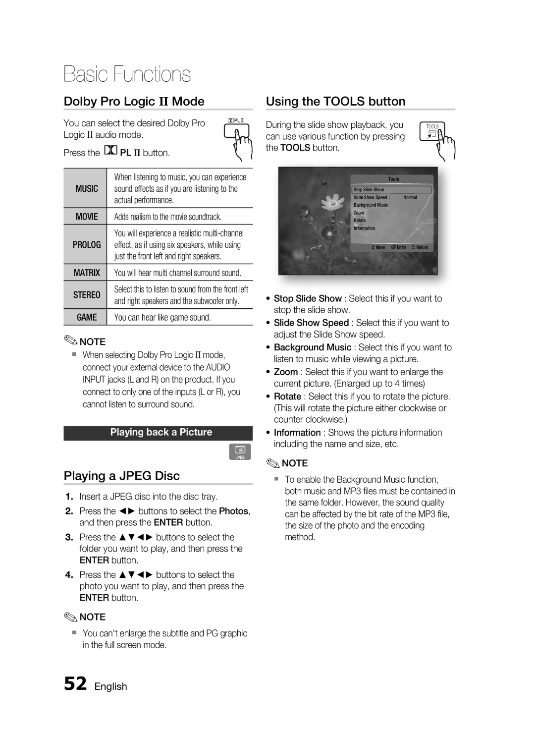 Samsung HT-C6730W/XEF Dolby Pro Logic II Mode, Playing a Jpeg Disc, Using the Tools button, Playing back a Picture, Music 