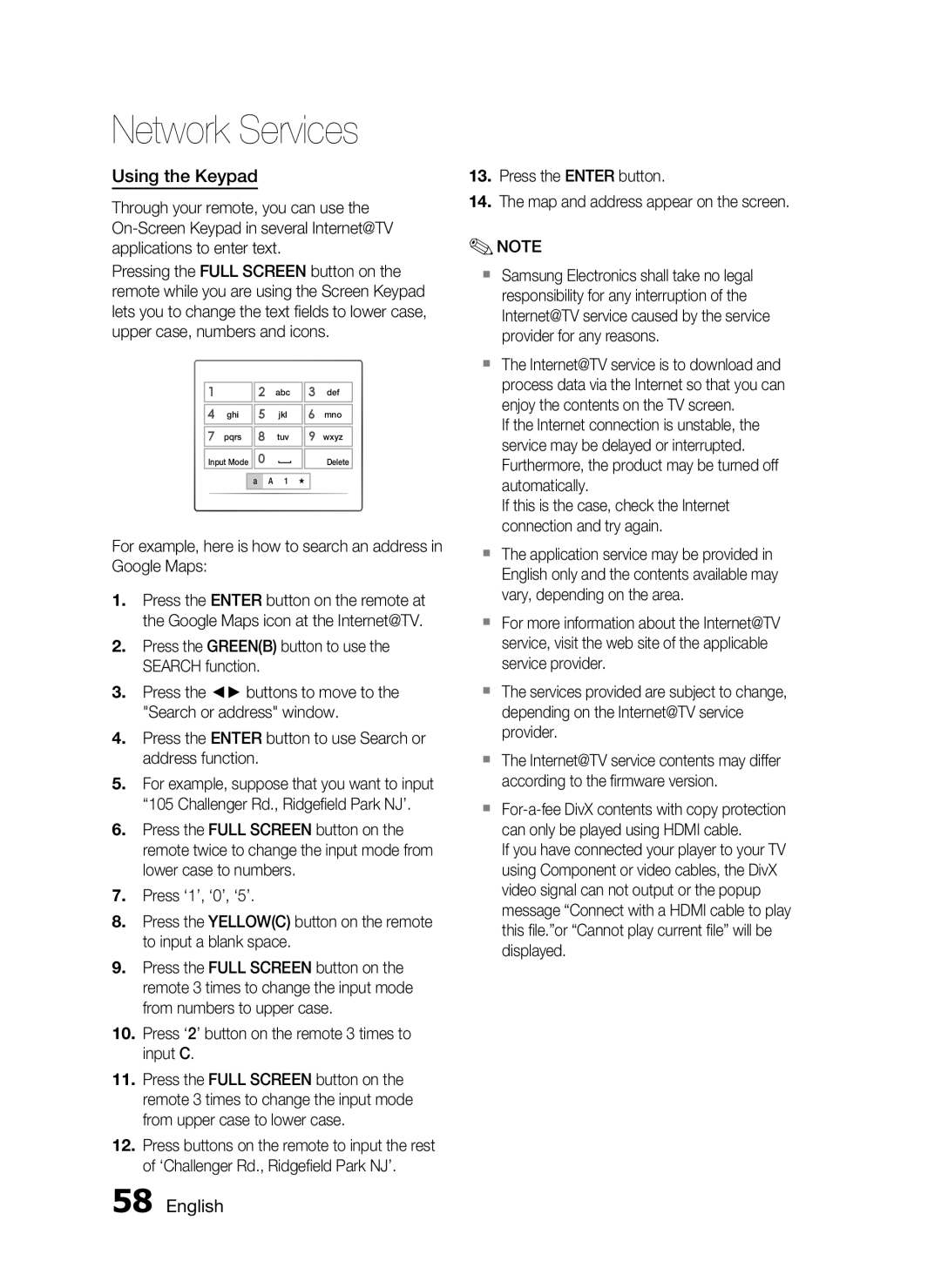 Samsung HT-C6730W/XEF, HT-C6730W/EDC manual Using the Keypad, For example, here is how to search an address in Google Maps 