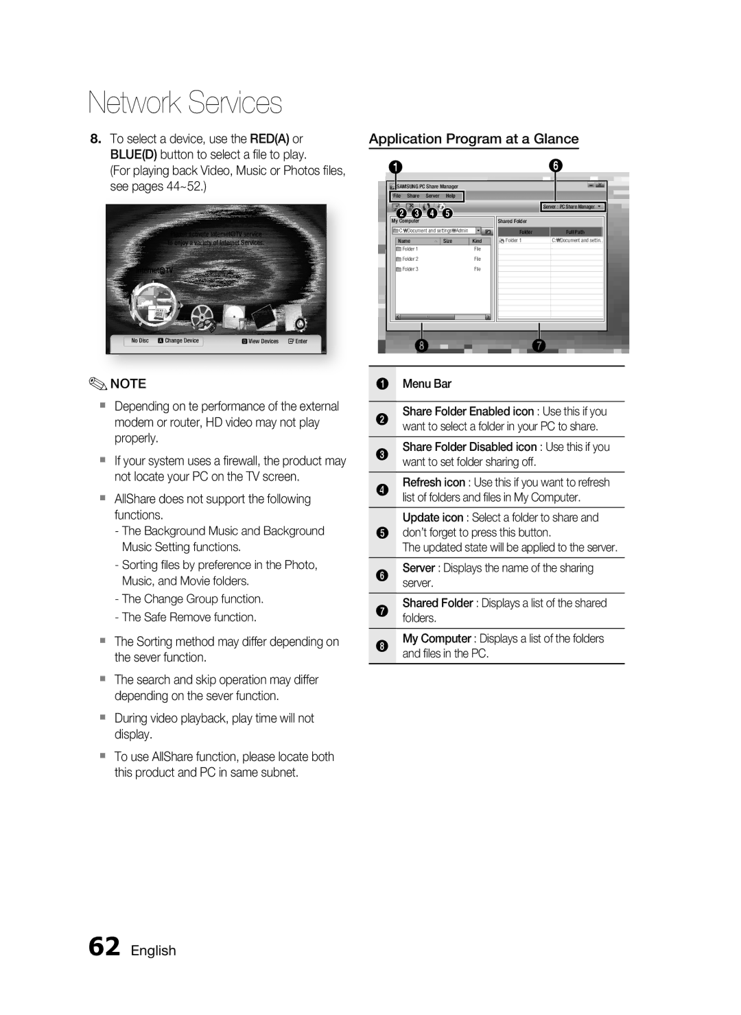 Samsung HT-C6730W/XAA manual Application Program at a Glance,  During video playback, play time will not display, Menu Bar 