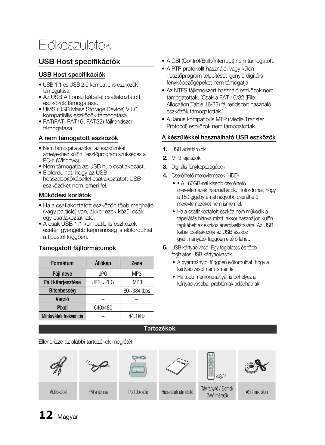 Samsung HT-C6730W/EDC manual USB Host speciﬁkációk, Tartozékok 