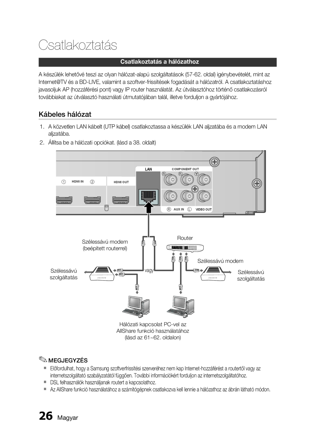 Samsung HT-C6730W/EDC manual Csatlakoztatás a hálózathoz, Szélessávú Szolgáltatás, Router Szélessávú modem Szolgáltatás 