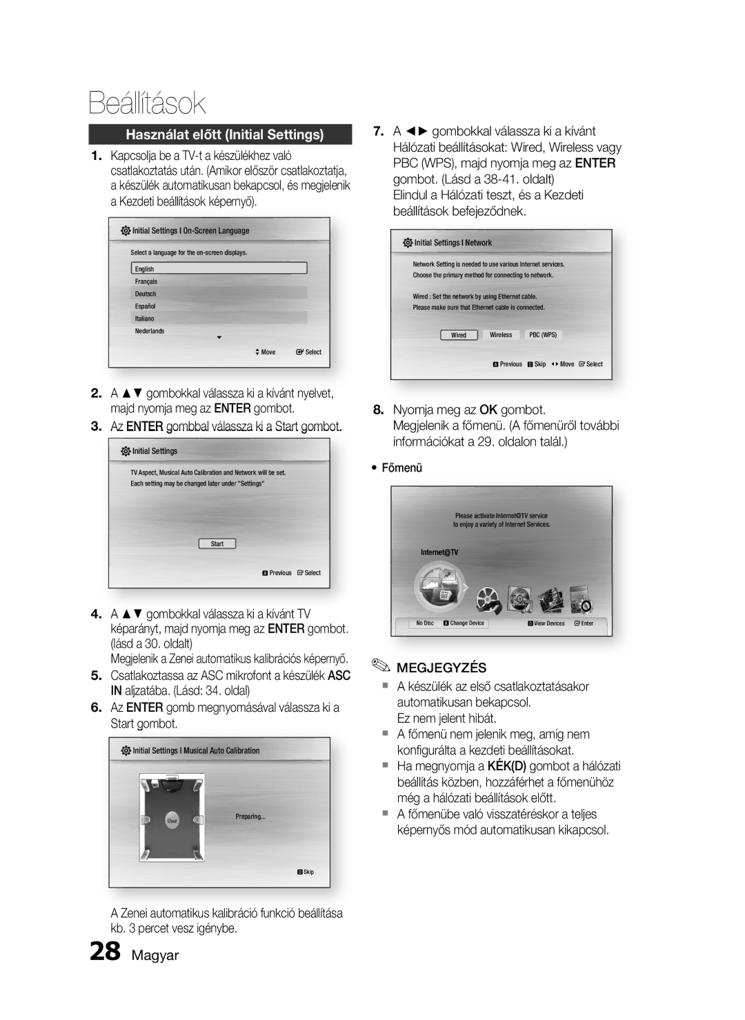 Samsung HT-C6730W/EDC manual Használat előtt Initial Settings, Az Enter gomb megnyomásával válassza ki a Start gombot 