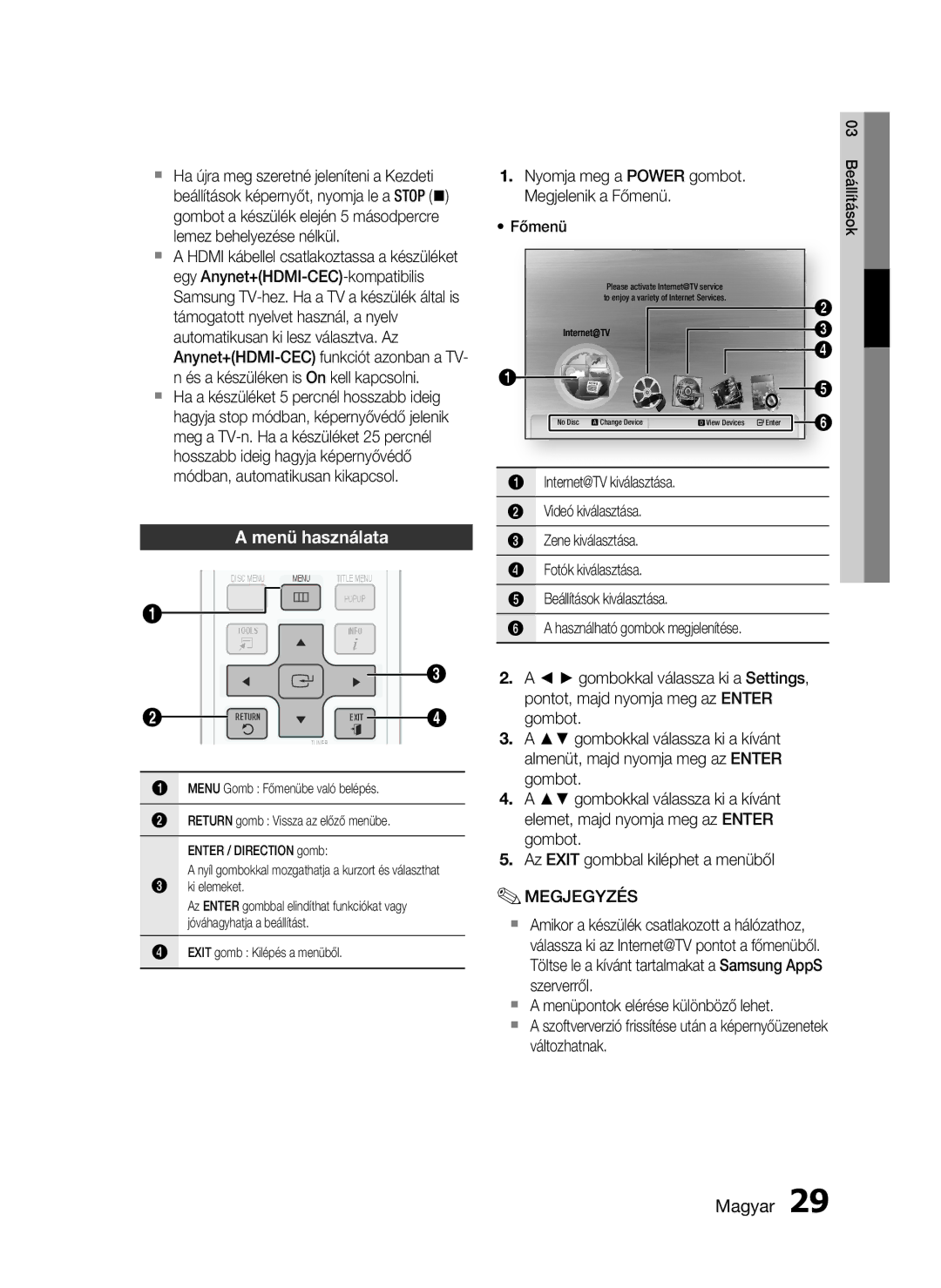 Samsung HT-C6730W/EDC manual Menü használata, Az Exit gombbal kiléphet a menüből,  a menüpontok elérése különböző lehet 