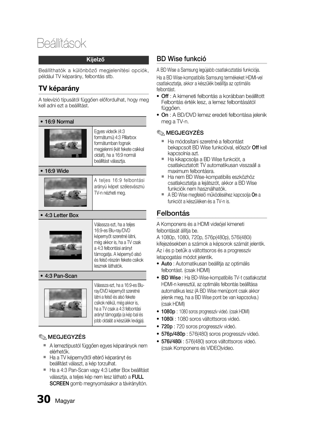 Samsung HT-C6730W/EDC manual BD Wise funkció, Felbontás, Kijelző 