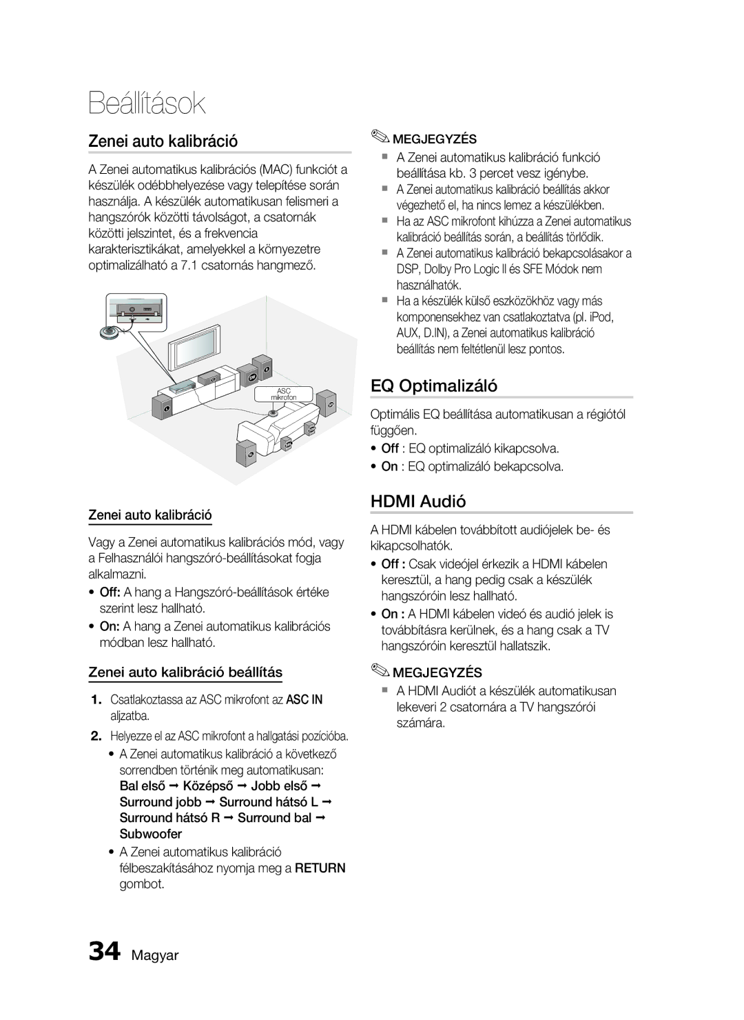 Samsung HT-C6730W/EDC manual EQ Optimalizáló, Hdmi Audió, Zenei auto kalibráció beállítás 