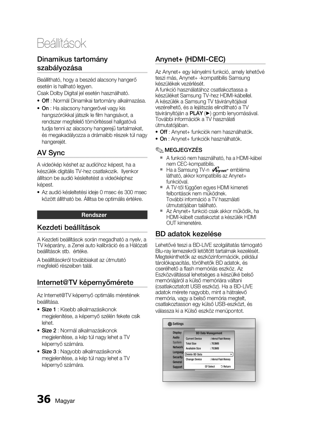 Samsung HT-C6730W/EDC manual Dinamikus tartomány szabályozása, AV Sync, Kezdeti beállítások, Internet@TV képernyőmérete 