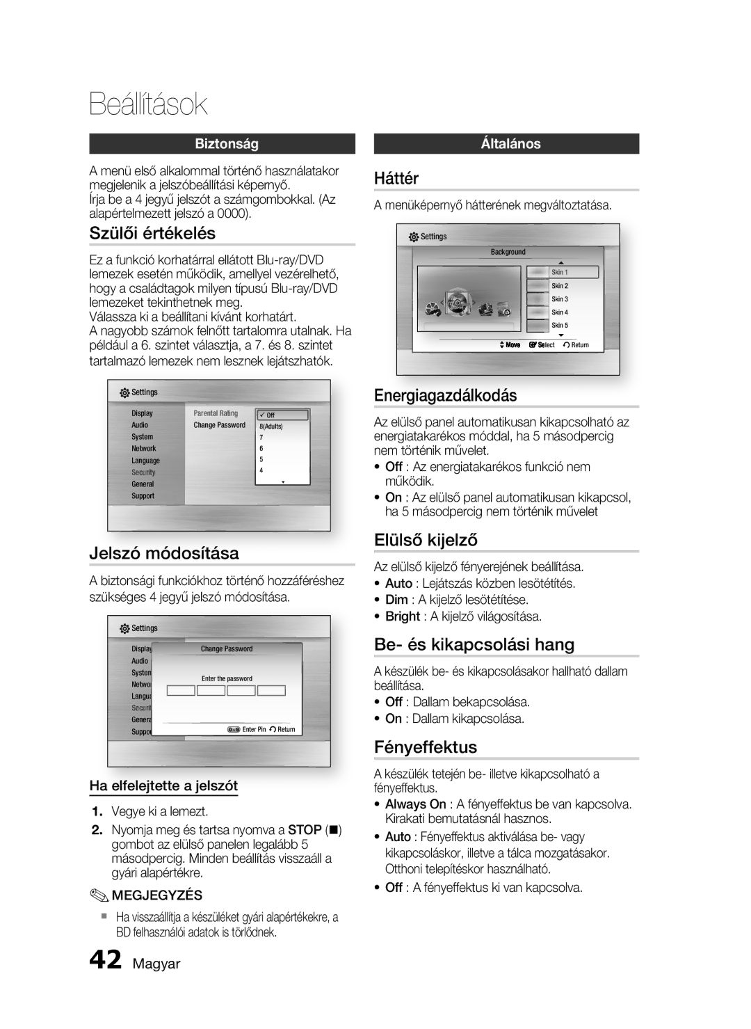 Samsung HT-C6730W/EDC manual Szülői értékelés, Jelszó módosítása, Háttér, Energiagazdálkodás, Elülső kijelző, Fényeffektus 