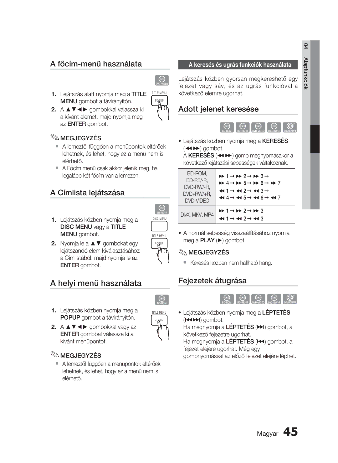 Samsung HT-C6730W/EDC manual Főcím-menü használata, Címlista lejátszása, Adott jelenet keresése, Helyi menü használata 