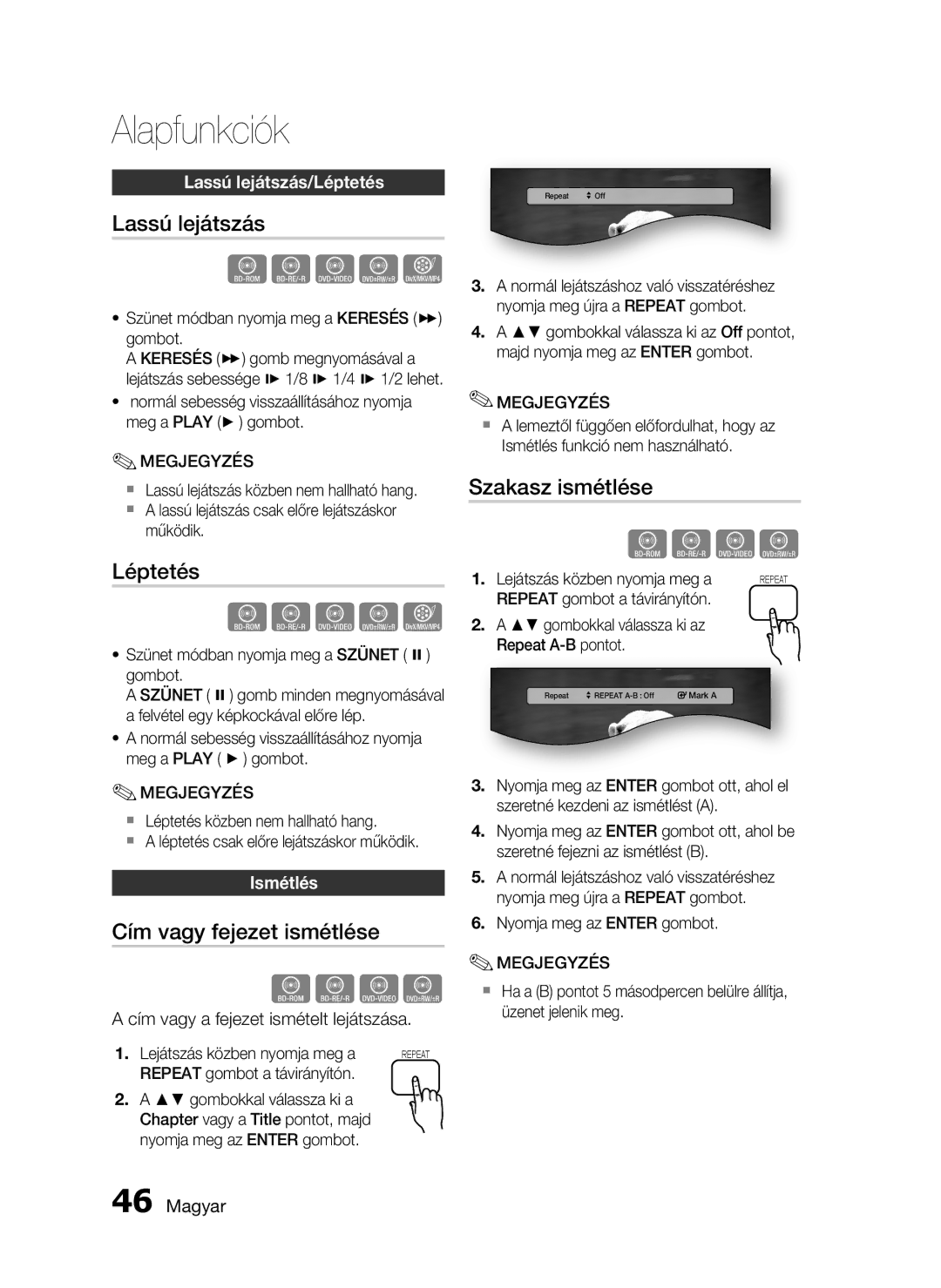 Samsung HT-C6730W/EDC manual Lassú lejátszás, Léptetés, Cím vagy fejezet ismétlése, Szakasz ismétlése 