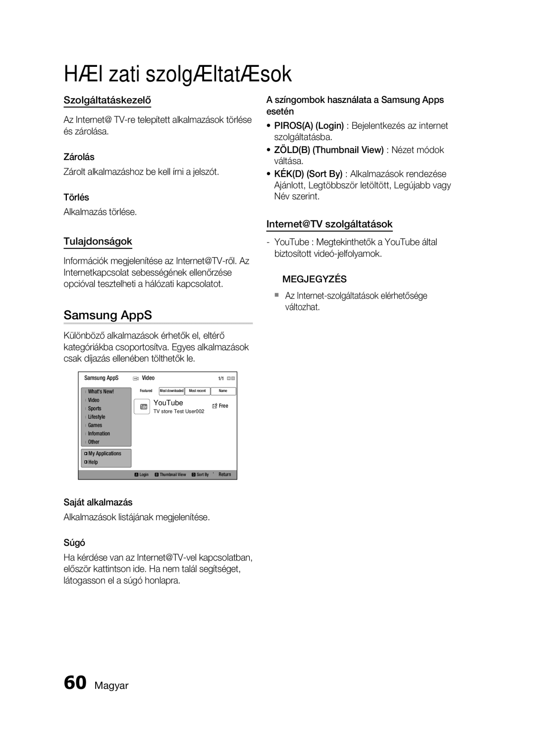 Samsung HT-C6730W/EDC manual Samsung AppS, Szolgáltatáskezelő, Tulajdonságok, Internet@TV szolgáltatások 