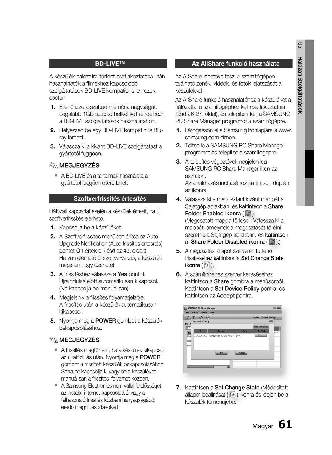 Samsung HT-C6730W/EDC manual Szoftverfrissítés értesítés, Az AllShare funkció használata 