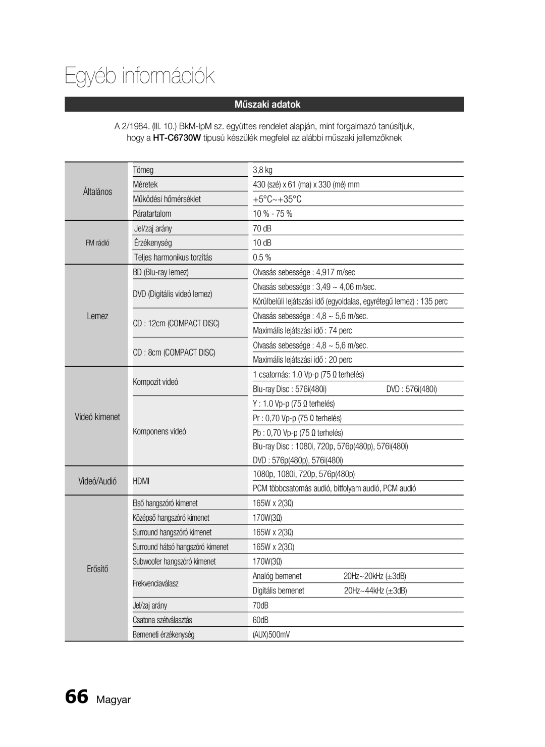 Samsung HT-C6730W/EDC manual Műszaki adatok 