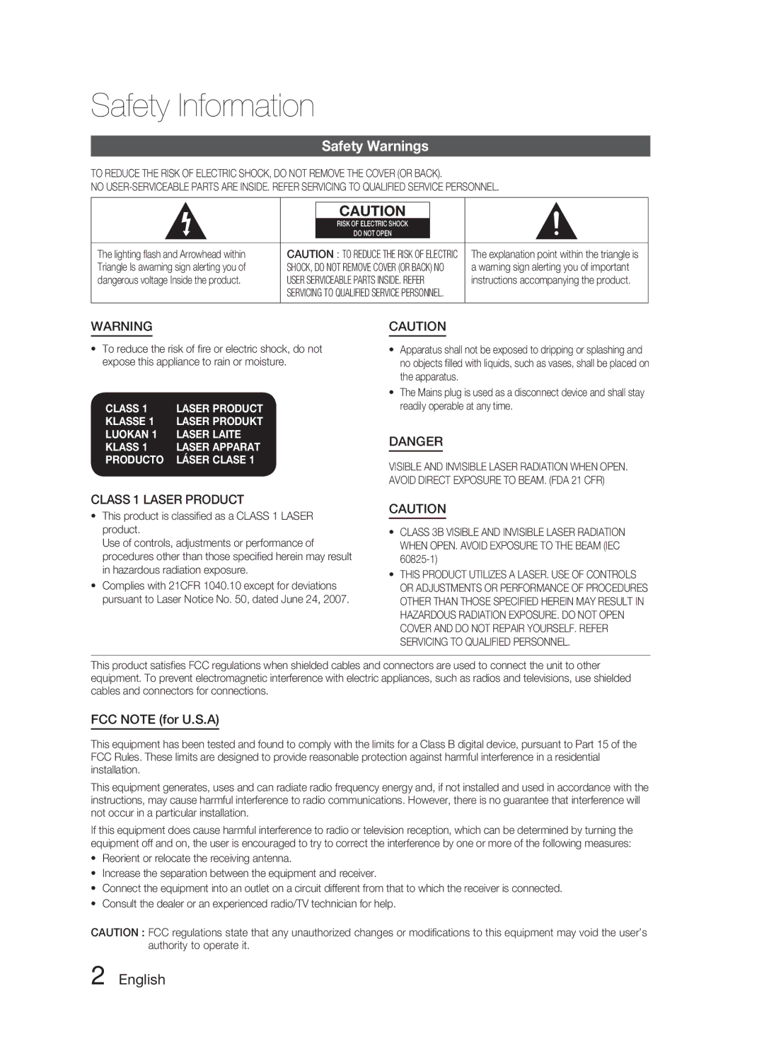 Samsung HT-C6730W/XEF manual Safety Information, Safety Warnings, English, Class 1 Laser Product, FCC Note for U.S.A 