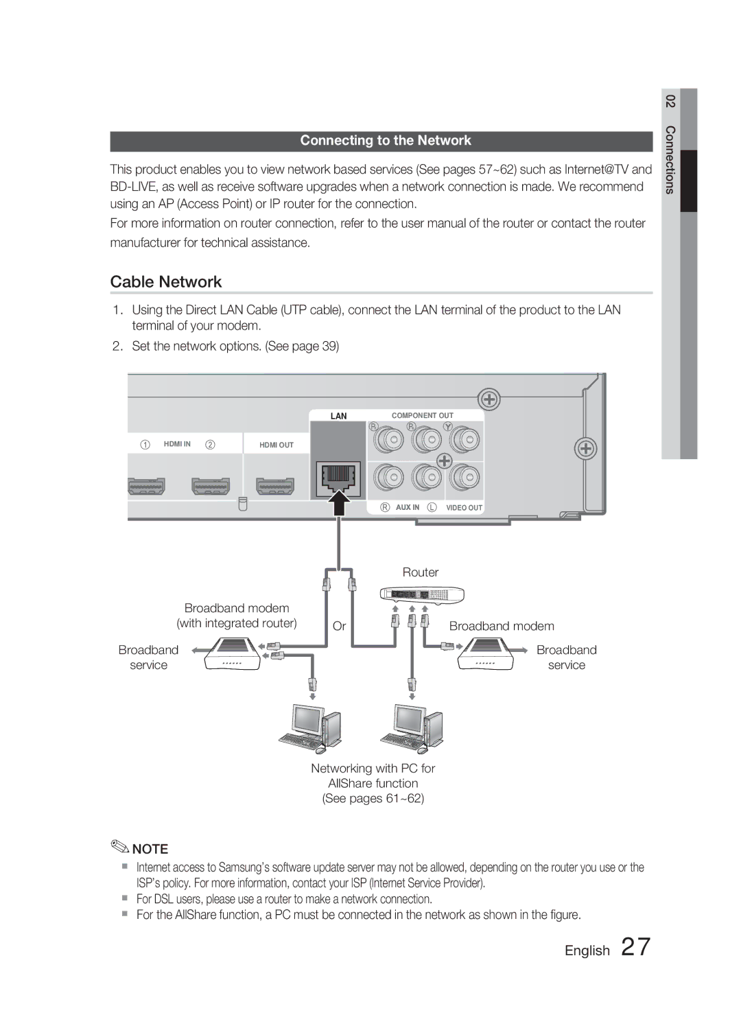 Samsung HT-C6730W/XAA, HT-C6730W/XEF manual Cable Network, Connecting to the Network 