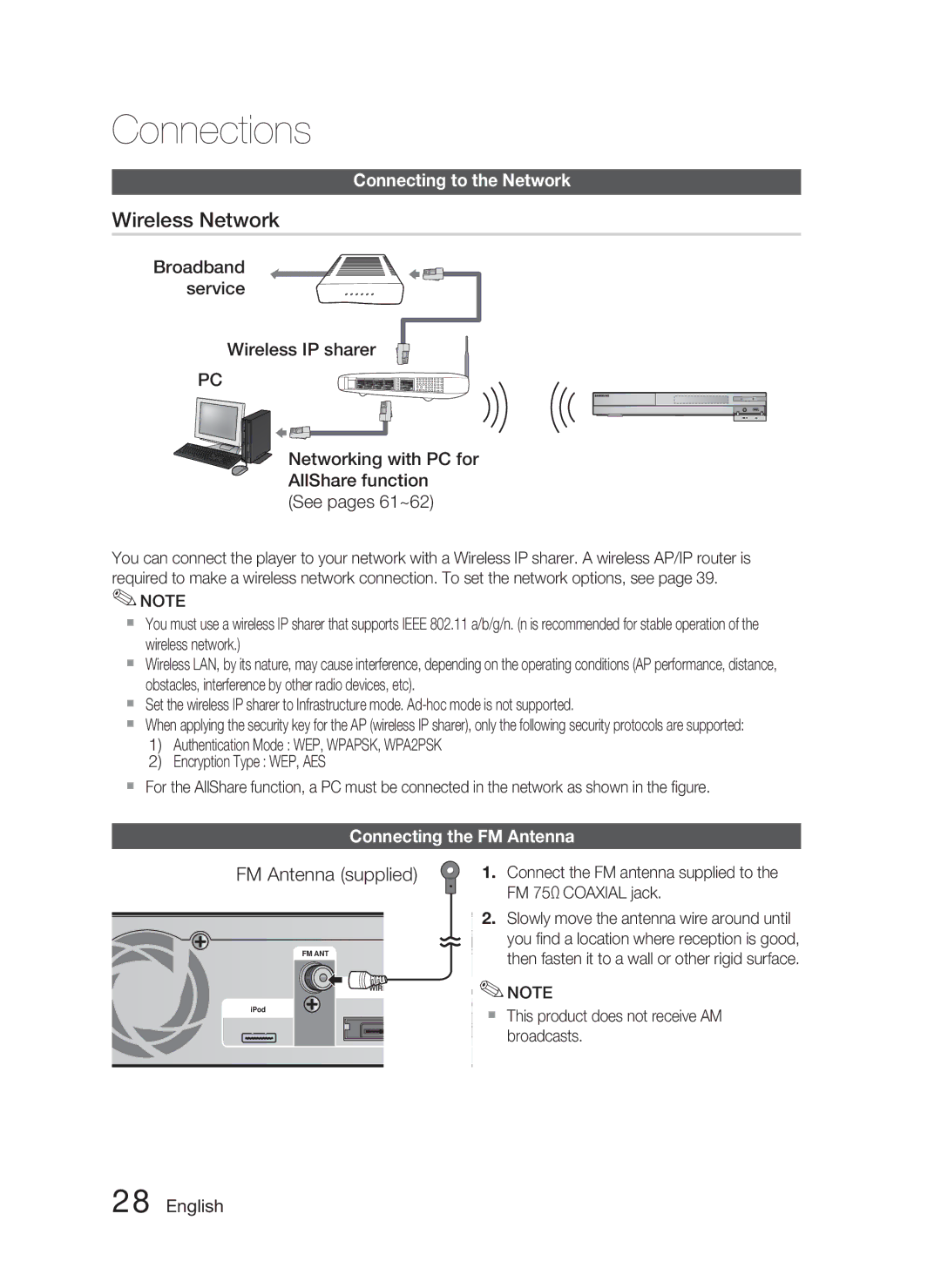 Samsung HT-C6730W/XEF, HT-C6730W/XAA Connecting the FM Antenna, Connect the FM antenna supplied to the FM 75Ω Coaxial jack 