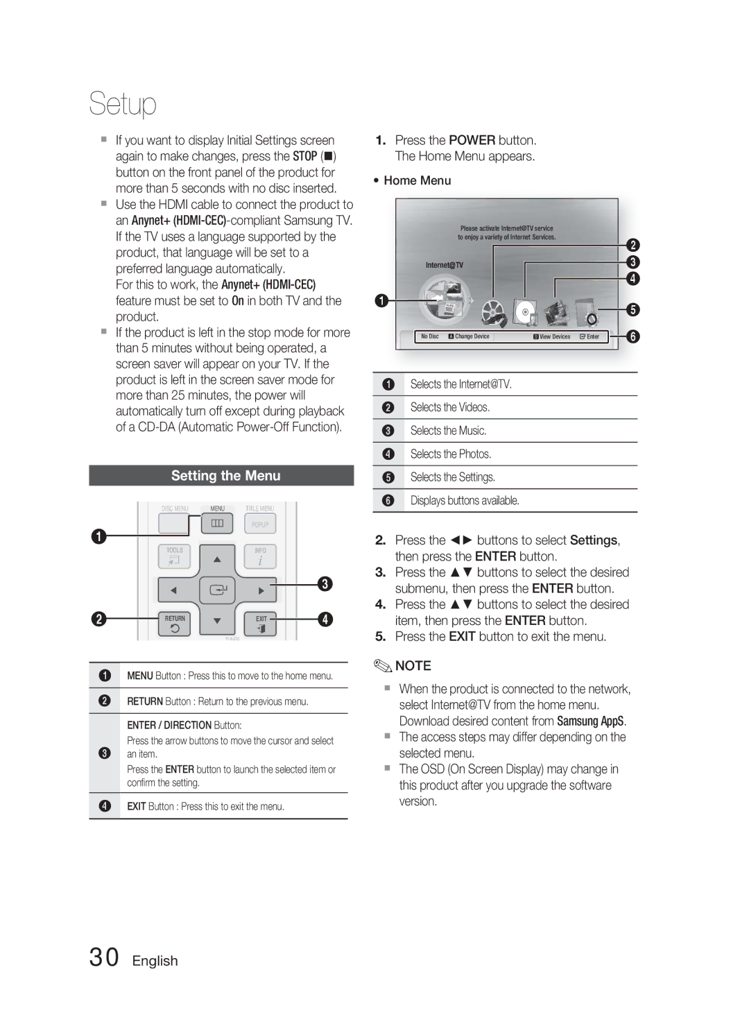 Samsung HT-C6730W/XEF, HT-C6730W/XAA manual Setting the Menu 