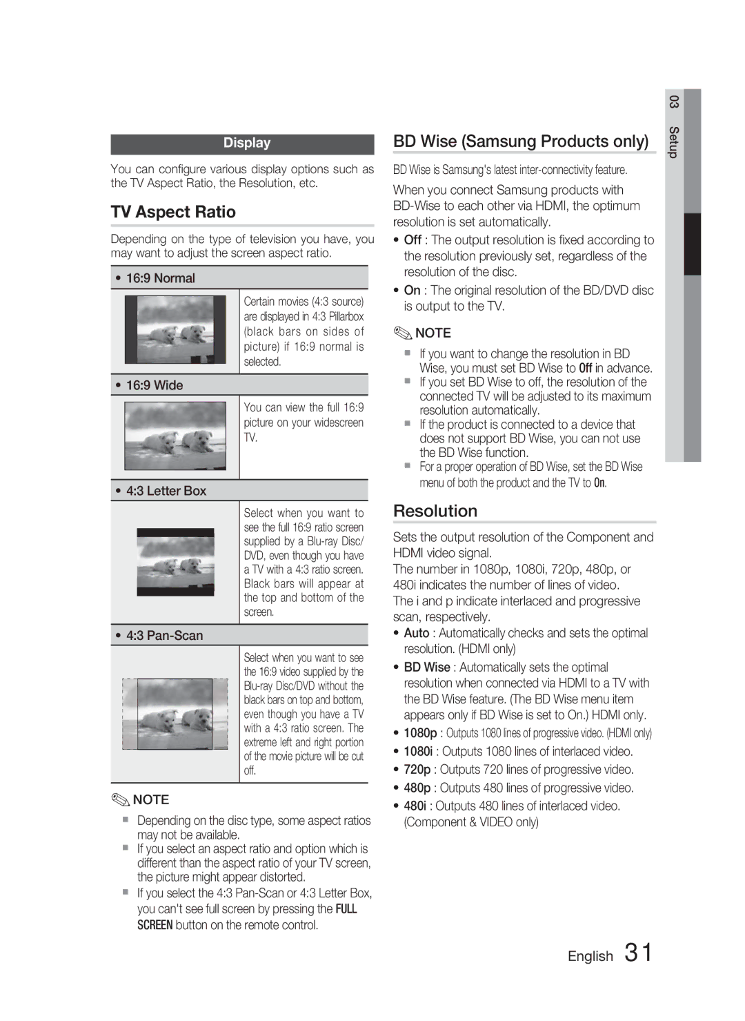 Samsung HT-C6730W/XAA, HT-C6730W/XEF manual BD Wise Samsung Products only, Resolution, Display, Normal, Pan-Scan 