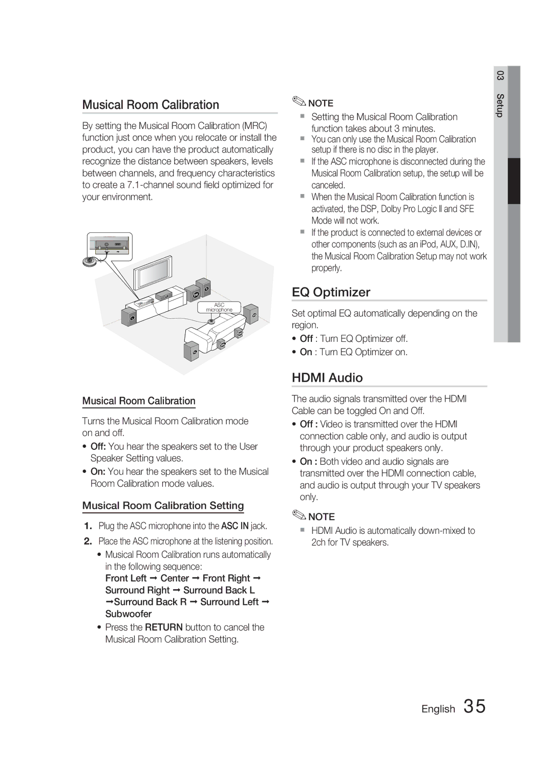 Samsung HT-C6730W/XAA, HT-C6730W/XEF manual EQ Optimizer, Hdmi Audio, Musical Room Calibration Setting 