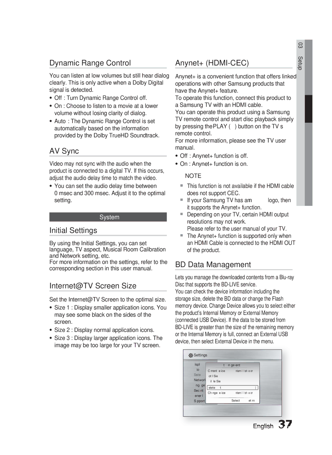 Samsung HT-C6730W/XAA manual Dynamic Range Control, AV Sync, Initial Settings, Internet@TV Screen Size, Anynet+ HDMI-CEC 