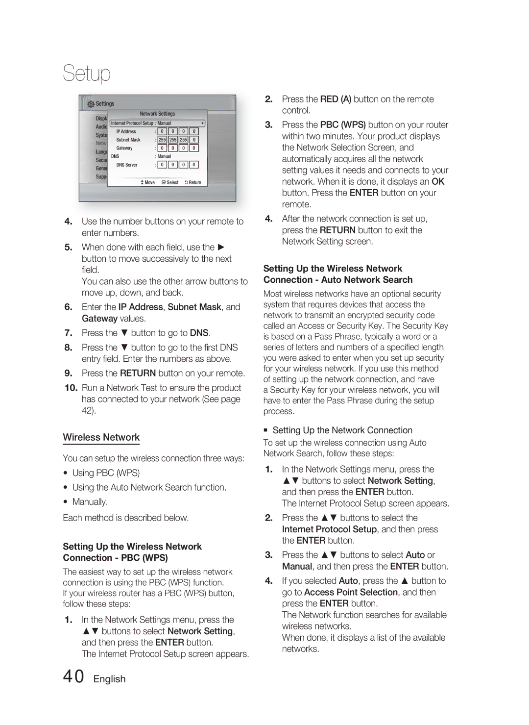 Samsung HT-C6730W/XEF, HT-C6730W/XAA manual Setting Up the Wireless Network Connection PBC WPS 