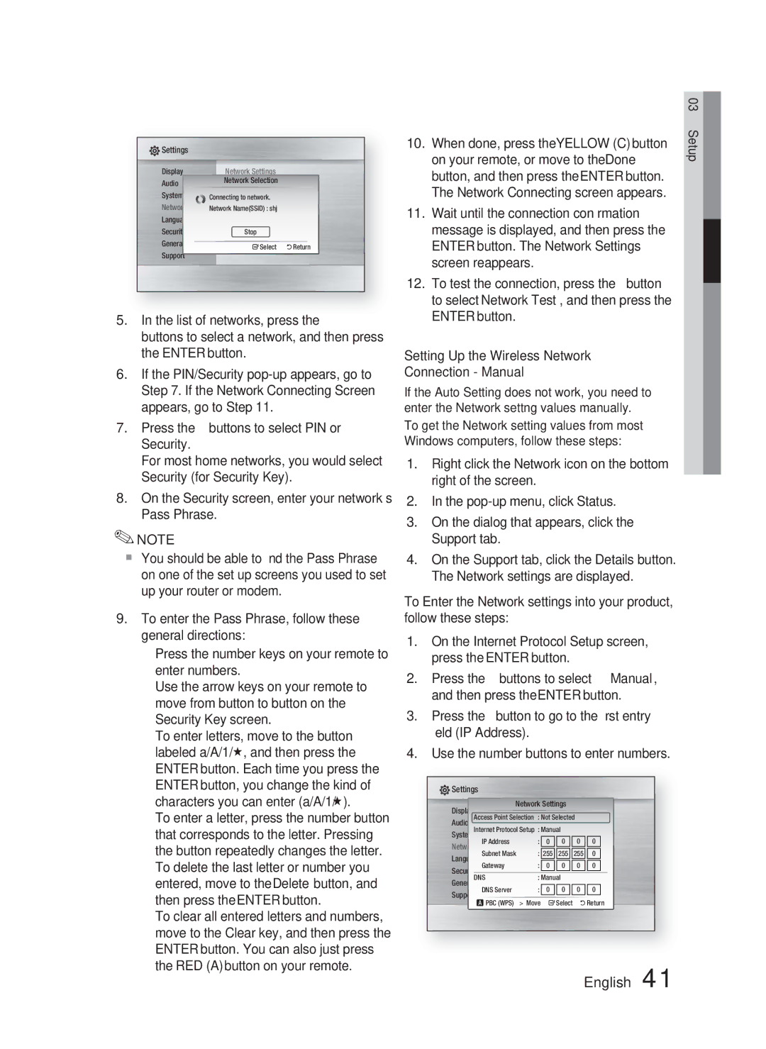 Samsung HT-C6730W/XAA, HT-C6730W/XEF manual When done, press the Yellow C button, Enter button 