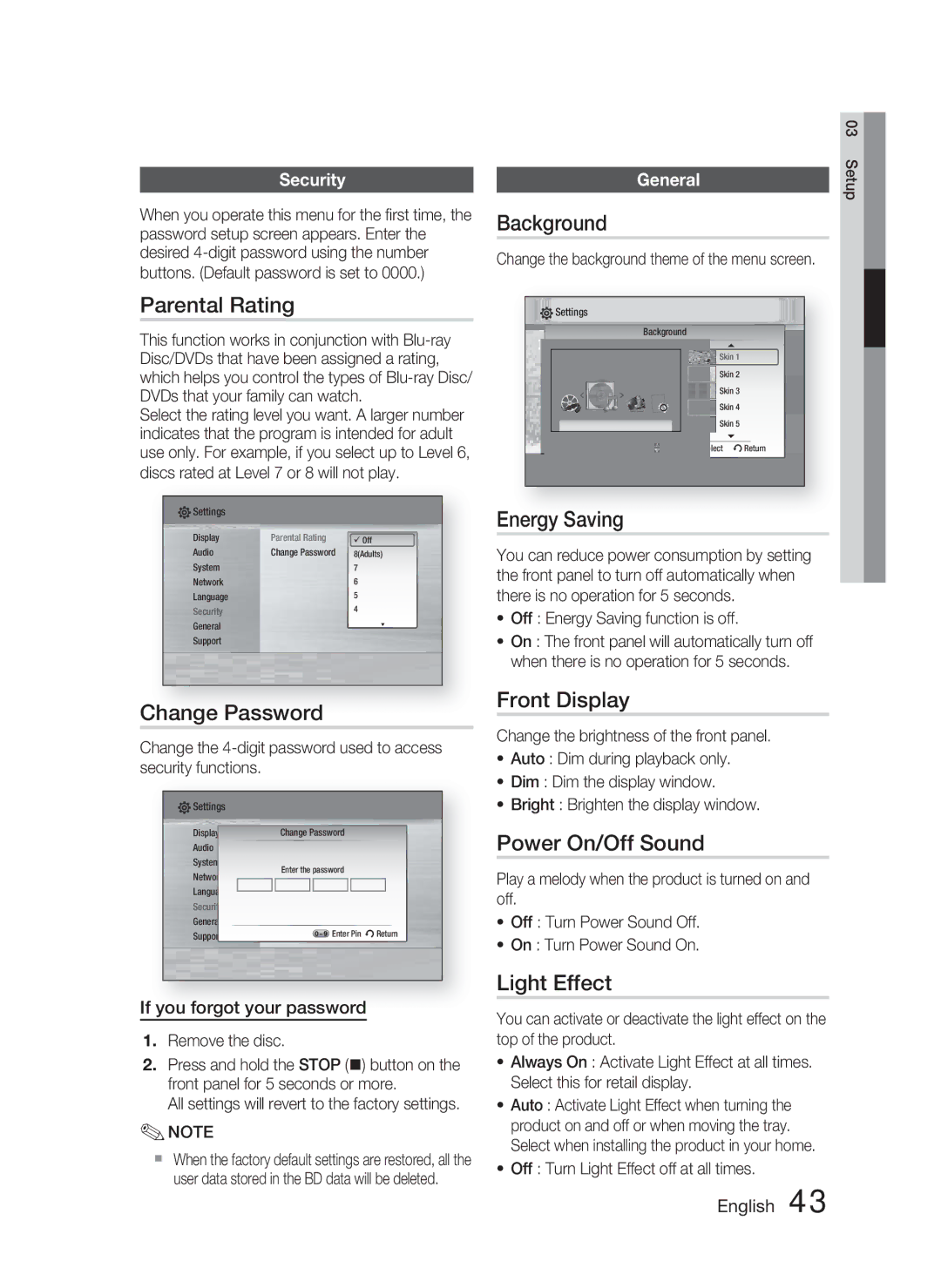 Samsung HT-C6730W/XAA manual Parental Rating, Change Password, Background, Energy Saving, Front Display, Power On/Off Sound 