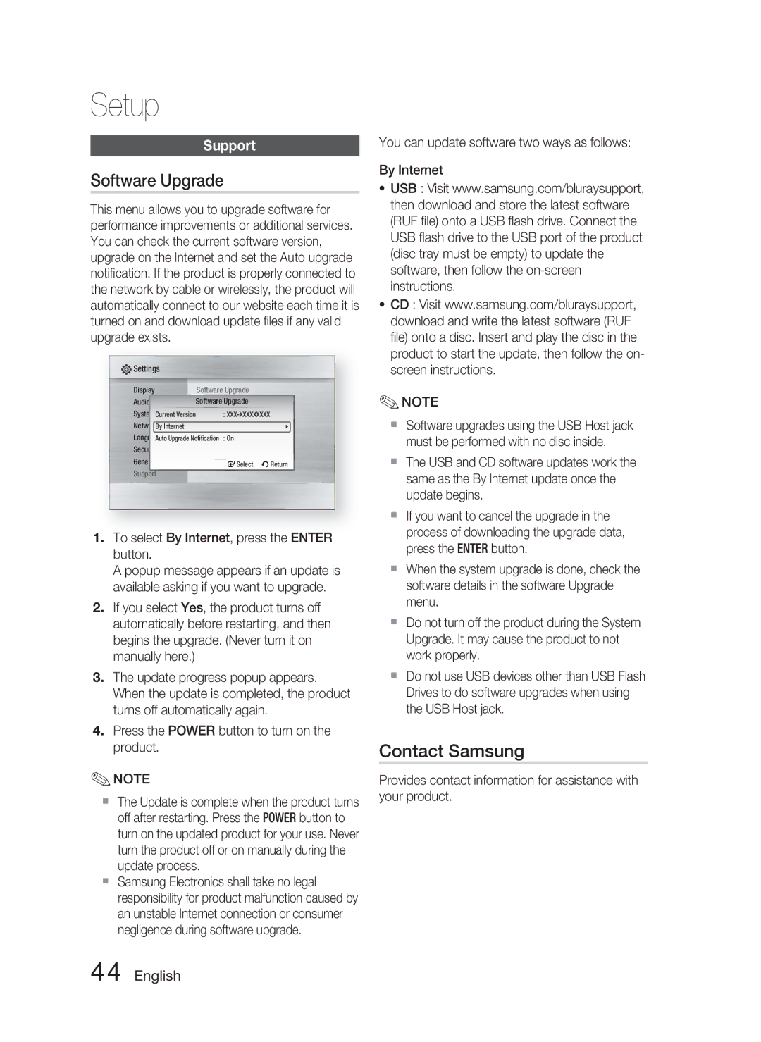 Samsung HT-C6730W/XEF manual Software Upgrade, Contact Samsung, Support, To select By Internet, press the Enter button 