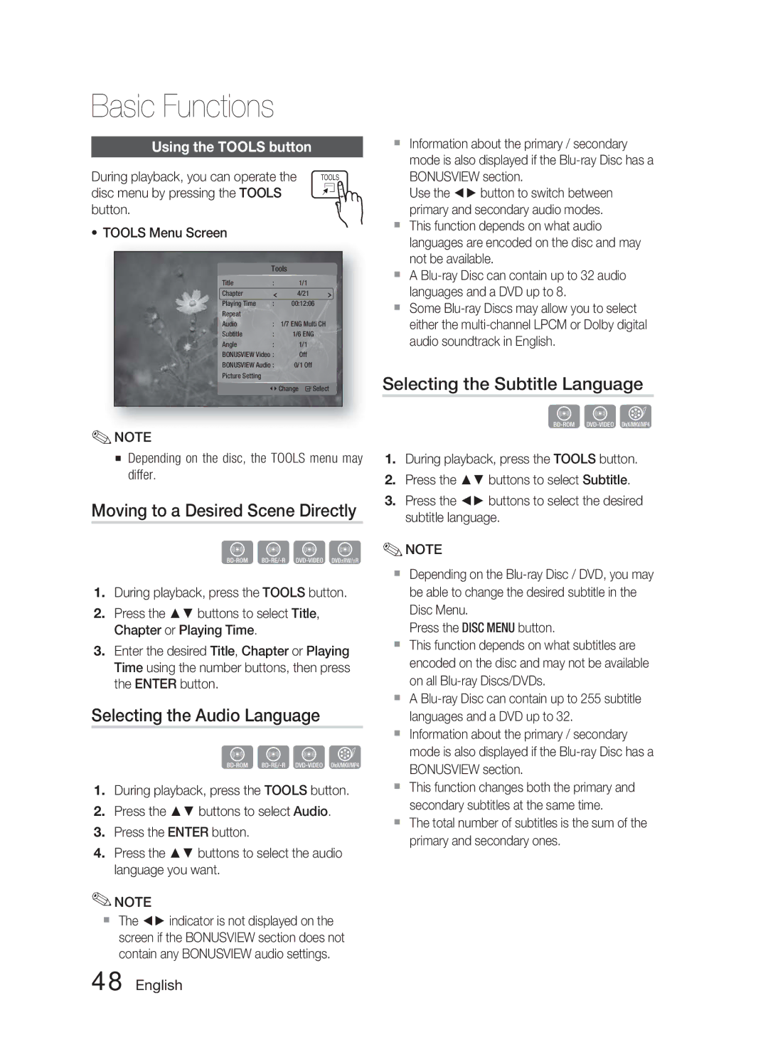 Samsung HT-C6730W/XEF Moving to a Desired Scene Directly, Selecting the Audio Language, Selecting the Subtitle Language 