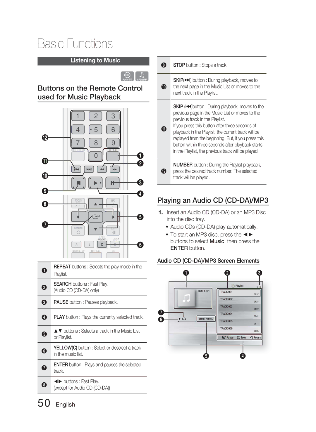 Samsung HT-C6730W/XEF, HT-C6730W/XAA Buttons on the Remote Control used for Music Playback, Playing an Audio CD CD-DA/MP3 