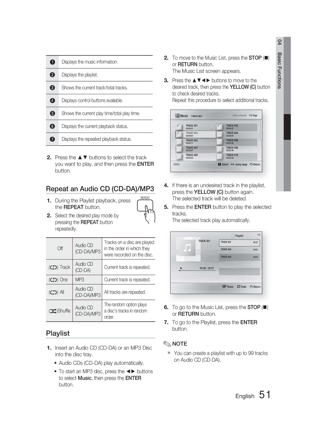 Samsung HT-C6730W/XAA, HT-C6730W/XEF manual Repeat an Audio CD CD-DA/MP3, Playlist 